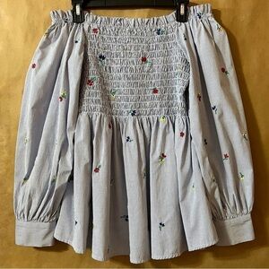 SUNO | Smocked Off The Shoulder Stripe Top Embroidered Floral Popover Size 6